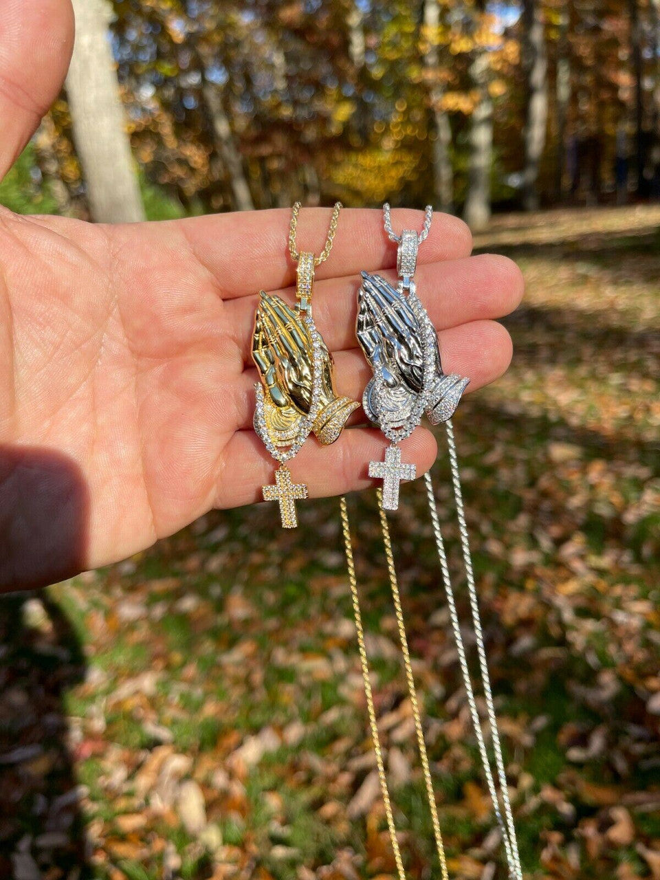 HarlemBling Iced Praying Hand and Cross Pendant 925 Silver / Gold MOISSANITE Pass Diamond Test