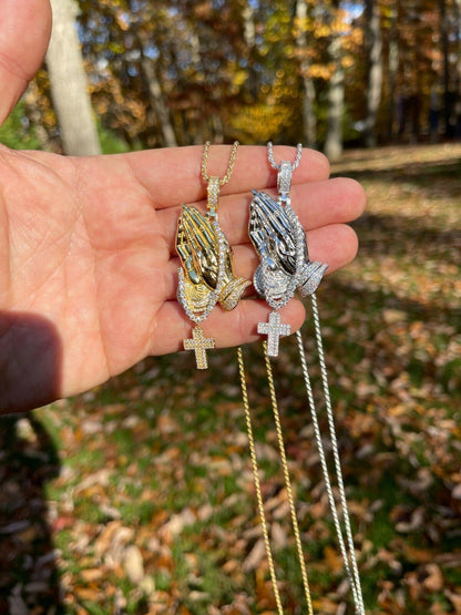 HarlemBling Iced Praying Hand and Cross Pendant 925 Silver / Gold MOISSANITE Pass Diamond Test