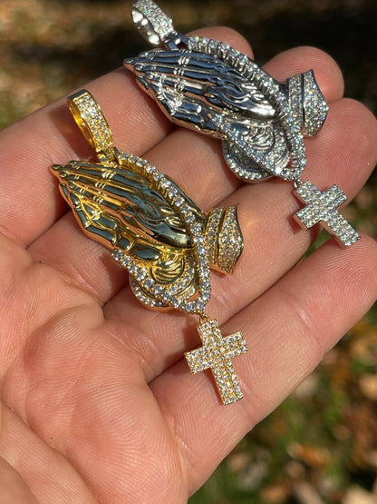 HarlemBling Iced Praying Hand and Cross Pendant 925 Silver / Gold MOISSANITE Pass Diamond Test