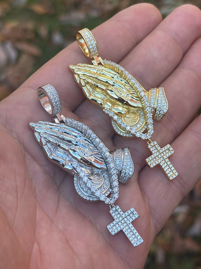 HarlemBling Iced Praying Hand and Cross Pendant 925 Silver / Gold MOISSANITE Pass Diamond Test