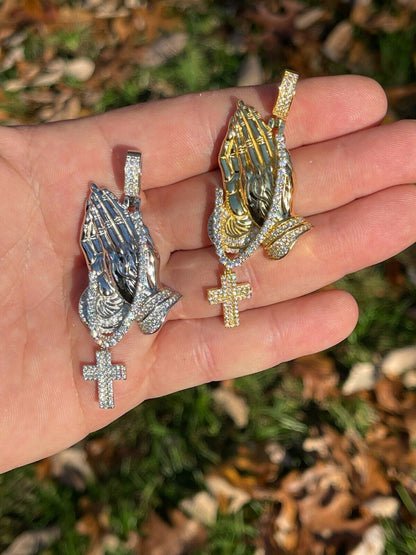 HarlemBling Iced Praying Hand and Cross Pendant 925 Silver / Gold MOISSANITE Pass Diamond Test