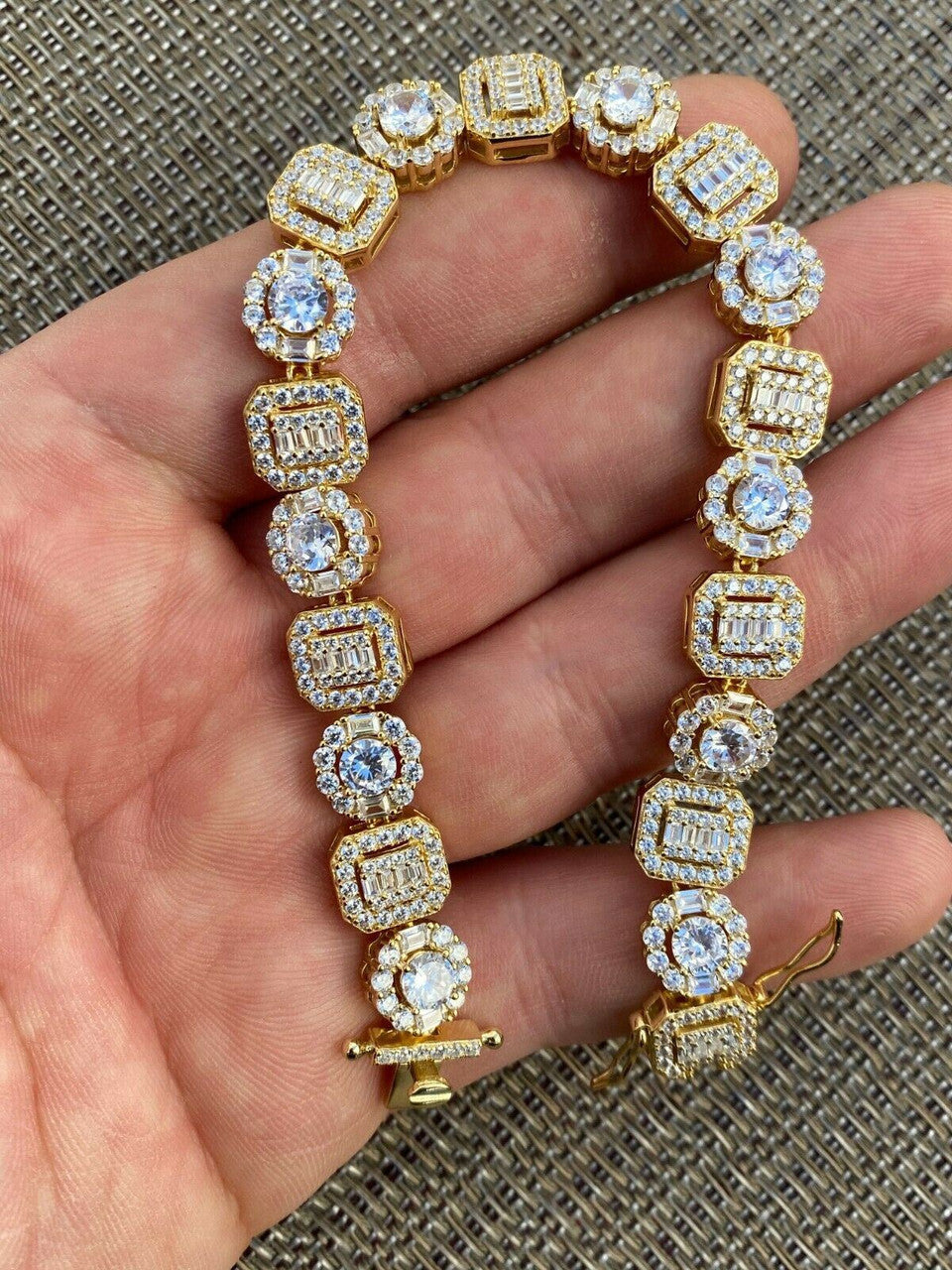 HarlemBling Iced Solid 925 Sterling Silver 14k Gold Baguette Diamond Tennis Bracelet Hip Hop