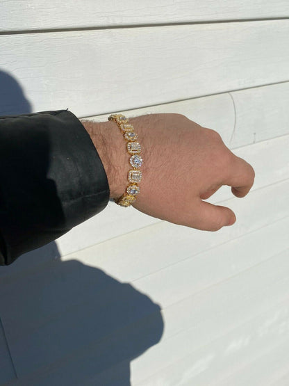 HarlemBling Iced Solid 925 Sterling Silver 14k Gold Baguette Diamond Tennis Bracelet Hip Hop