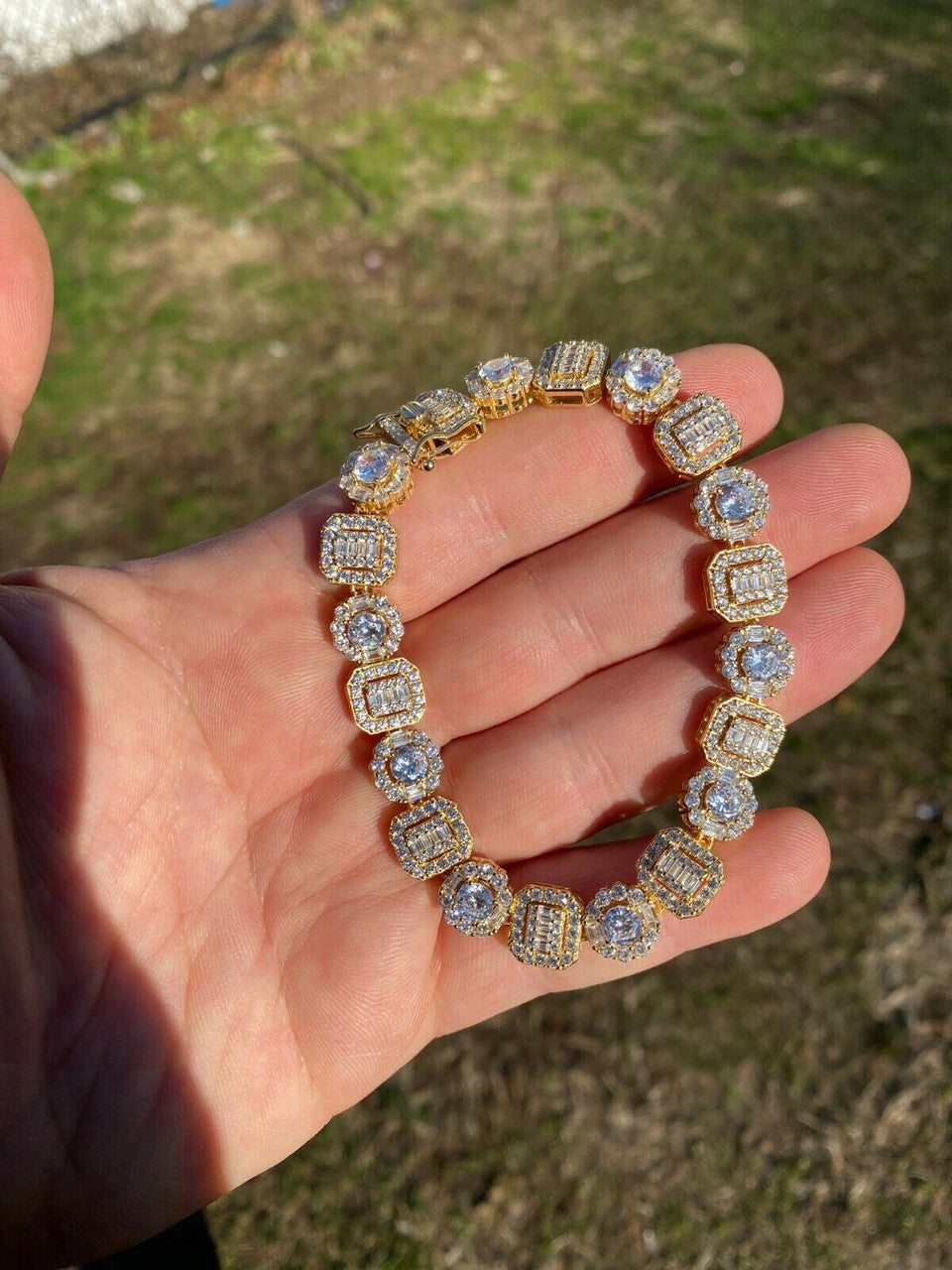 HarlemBling Iced Solid 925 Sterling Silver 14k Gold Baguette Diamond Tennis Bracelet Hip Hop