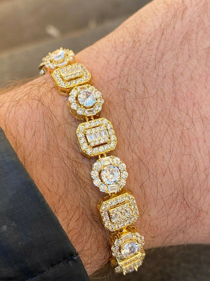 HarlemBling Iced Solid 925 Sterling Silver 14k Gold Baguette Diamond Tennis Bracelet Hip Hop