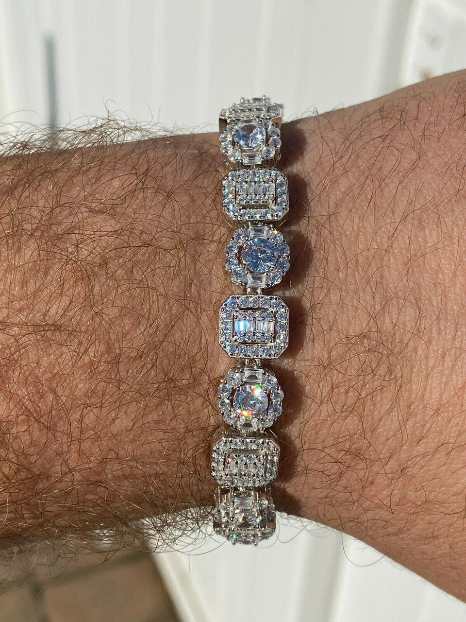 HarlemBling Iced Solid 925 Sterling Silver Baguette Diamond Tennis Bracelet Hip Hop Mens