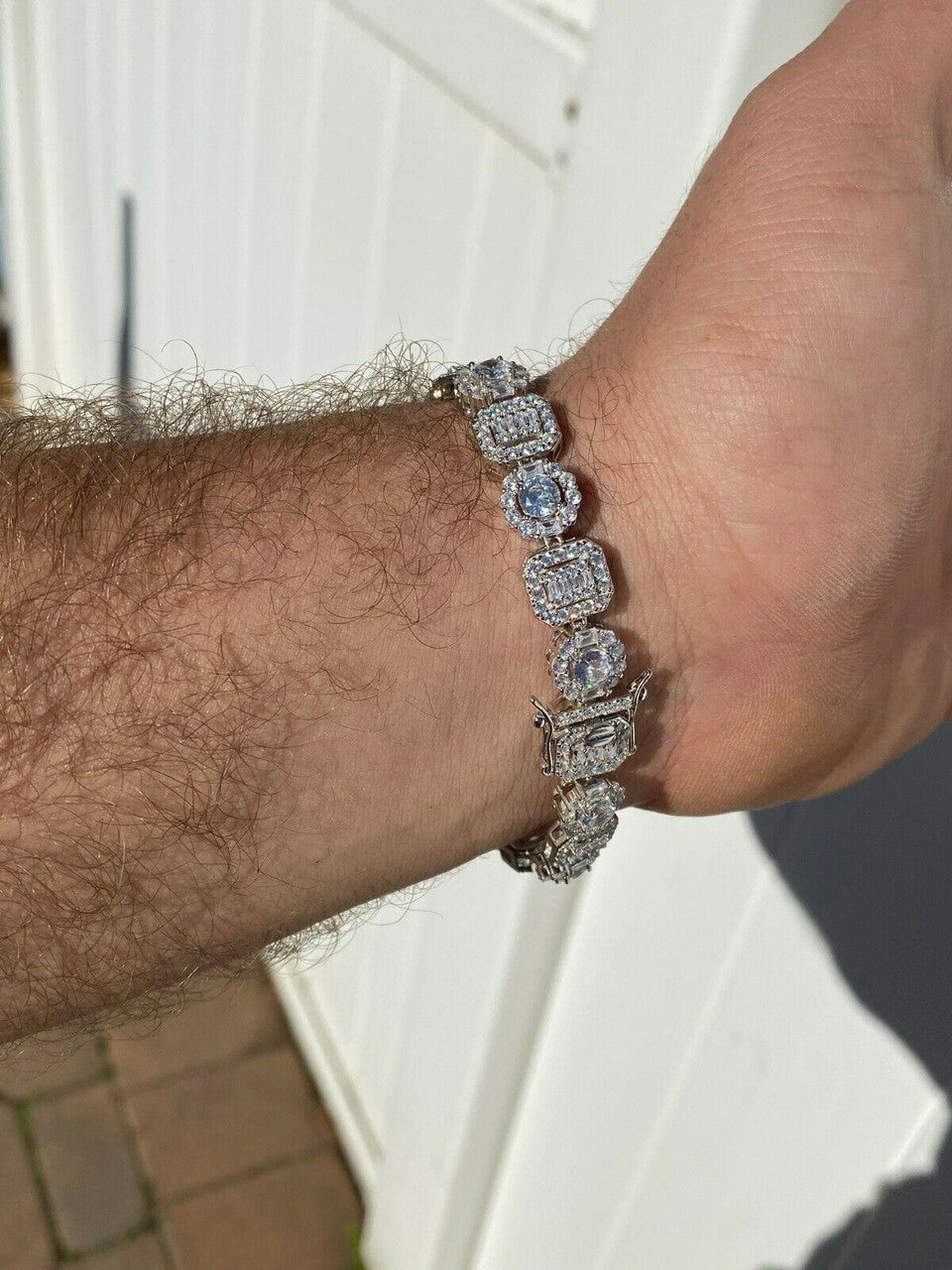 HarlemBling Iced Solid 925 Sterling Silver Baguette Diamond Tennis Bracelet Hip Hop Mens