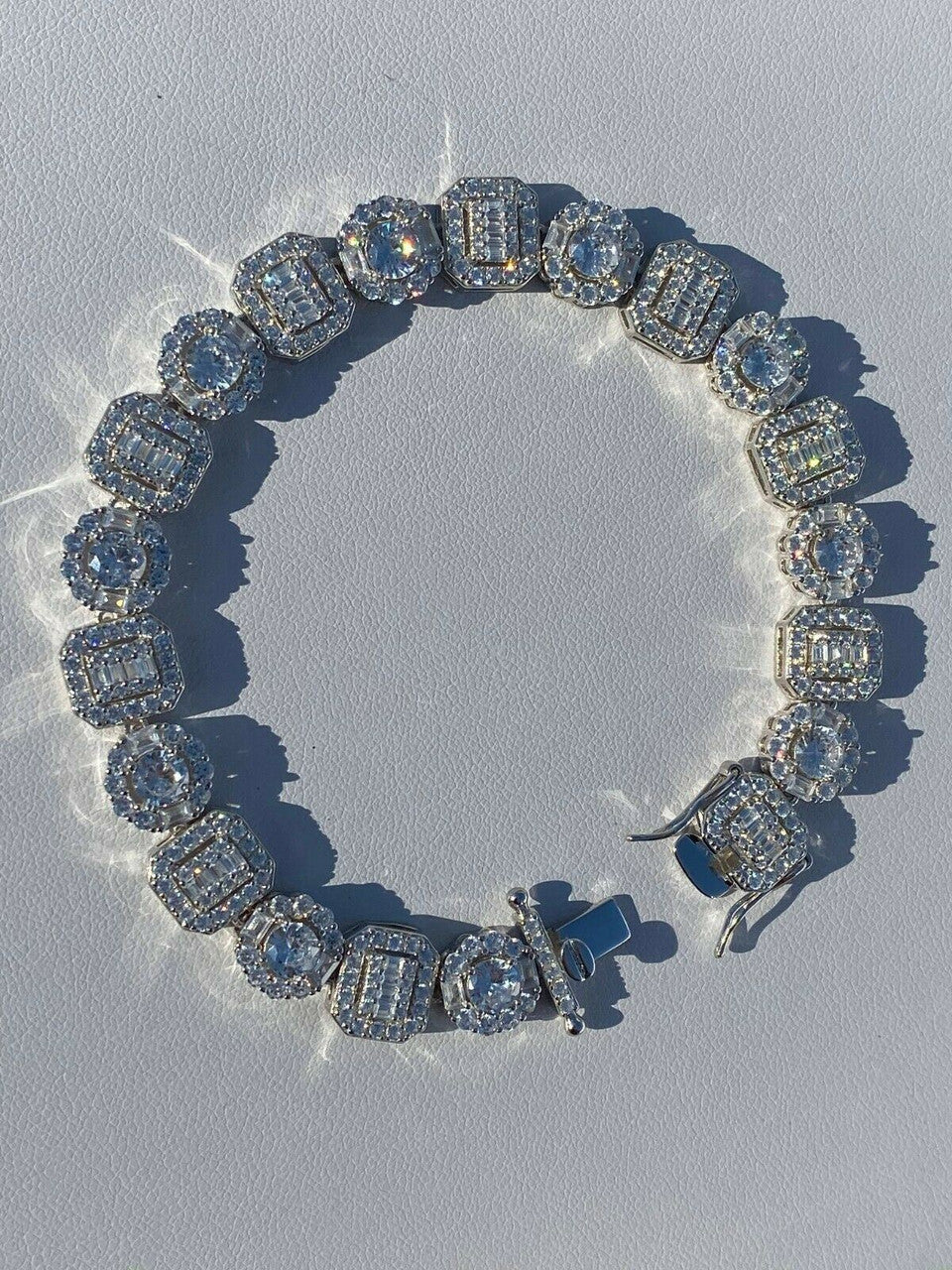 HarlemBling Iced Solid 925 Sterling Silver Baguette Diamond Tennis Bracelet Hip Hop Mens