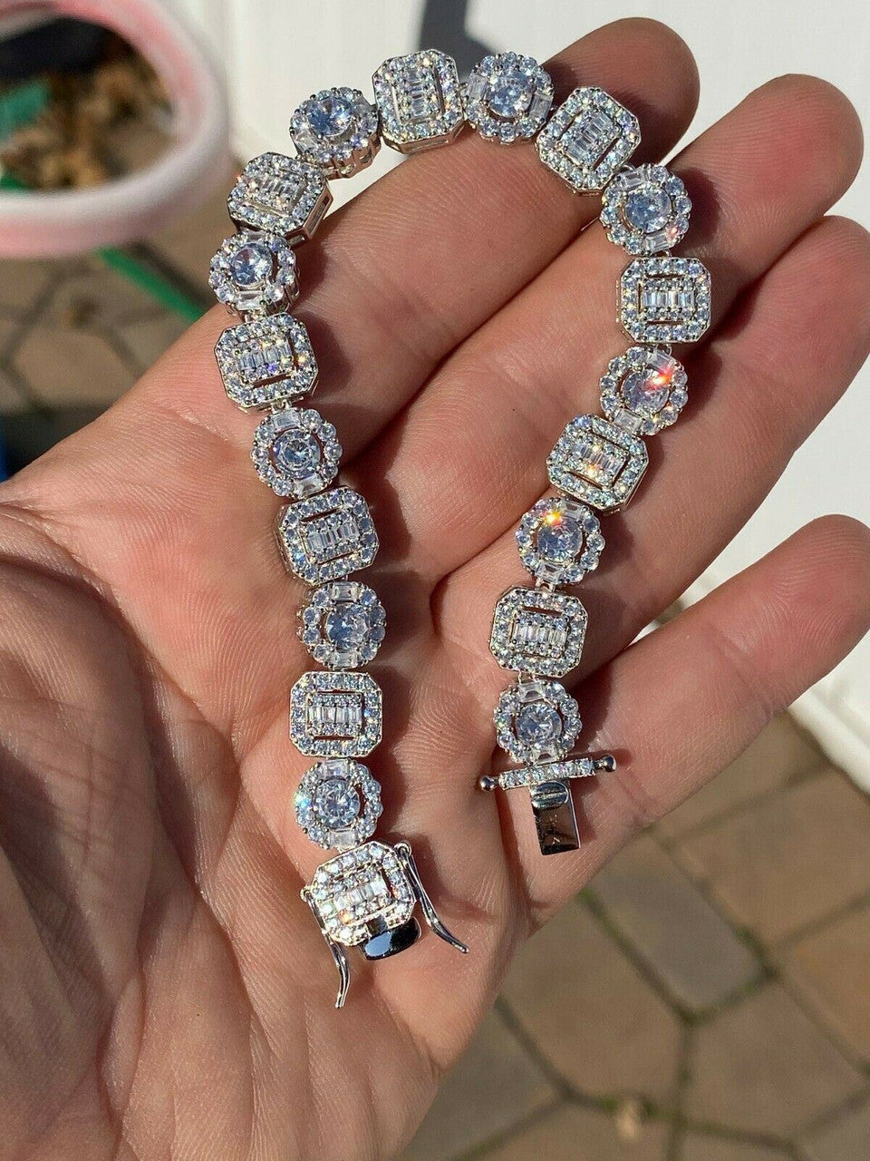 HarlemBling Iced Solid 925 Sterling Silver Baguette Diamond Tennis Bracelet Hip Hop Mens