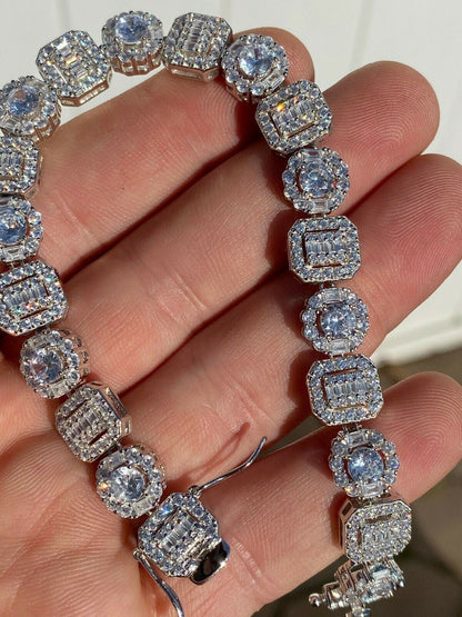 HarlemBling Iced Solid 925 Sterling Silver Baguette Diamond Tennis Bracelet Hip Hop Mens