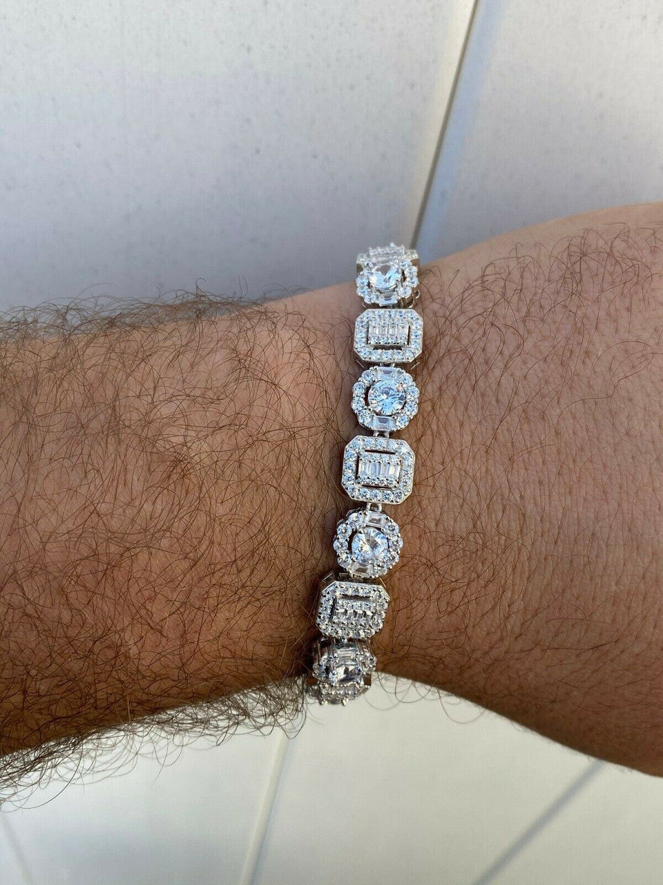 HarlemBling Iced Solid 925 Sterling Silver Baguette Diamond Tennis Bracelet Hip Hop Mens