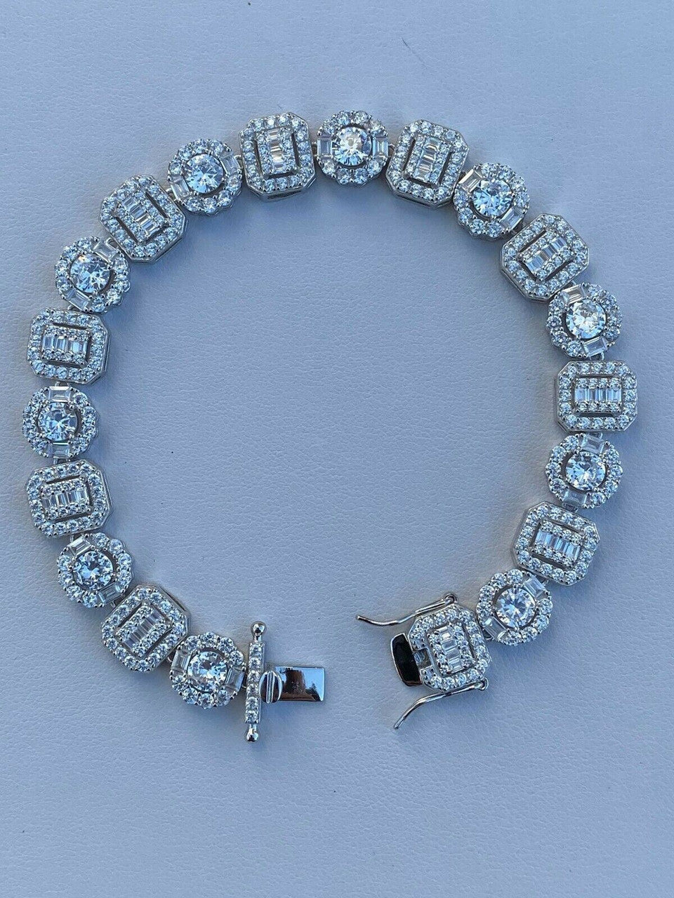 HarlemBling Iced Solid 925 Sterling Silver Baguette Diamond Tennis Bracelet Hip Hop Mens