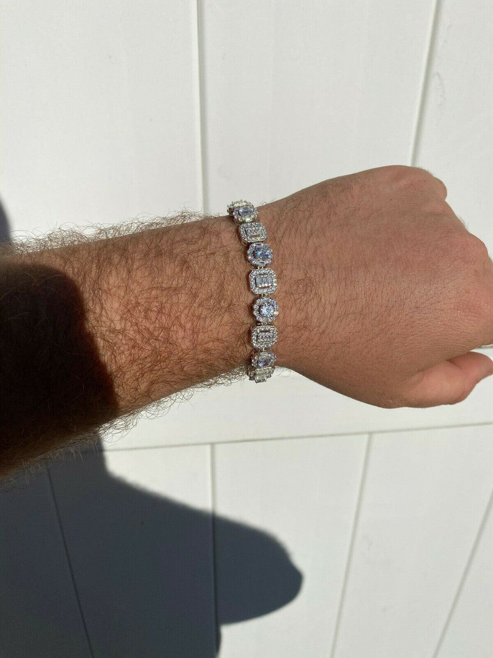 HarlemBling Iced Solid 925 Sterling Silver Baguette Diamond Tennis Bracelet Hip Hop Mens