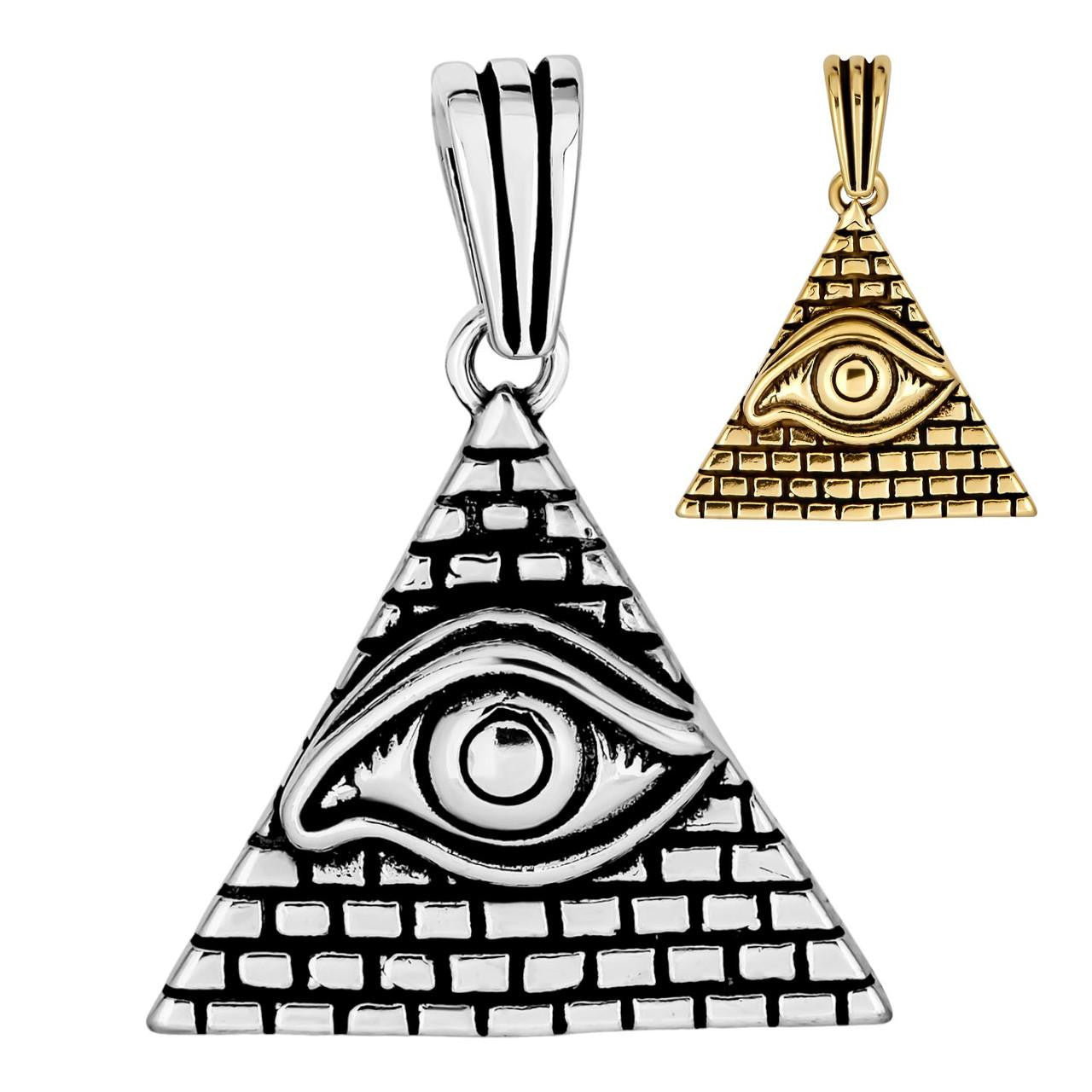 HarlemBling Illuminati All Seeing Eye Egyptian Pyramid Pendant - 14k Gold Vermeil Or Oxidized 925 Silver - Small 1.5"