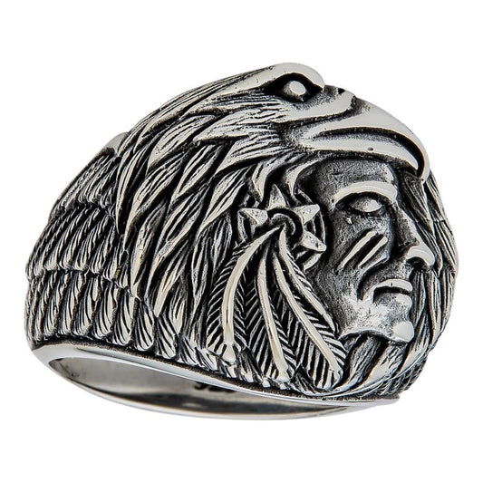 HarlemBling Indian Chief W. Eagle Headdress Ring - 925 Silver Oxidized - Plain