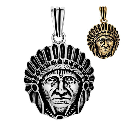 HarlemBling Indian Head Chief Headdress Pendant - 14k Yellow Gold Vermeil Or Oxidized 925 Silver - Small 1.5"