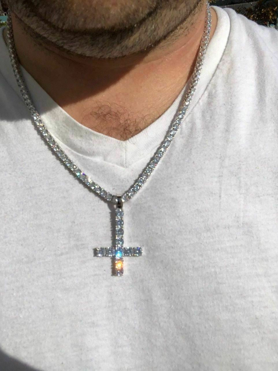 HarlemBling Inverted Cross Upside Down Real Solid 925 Sterling Silver Tennis Chain Diamond