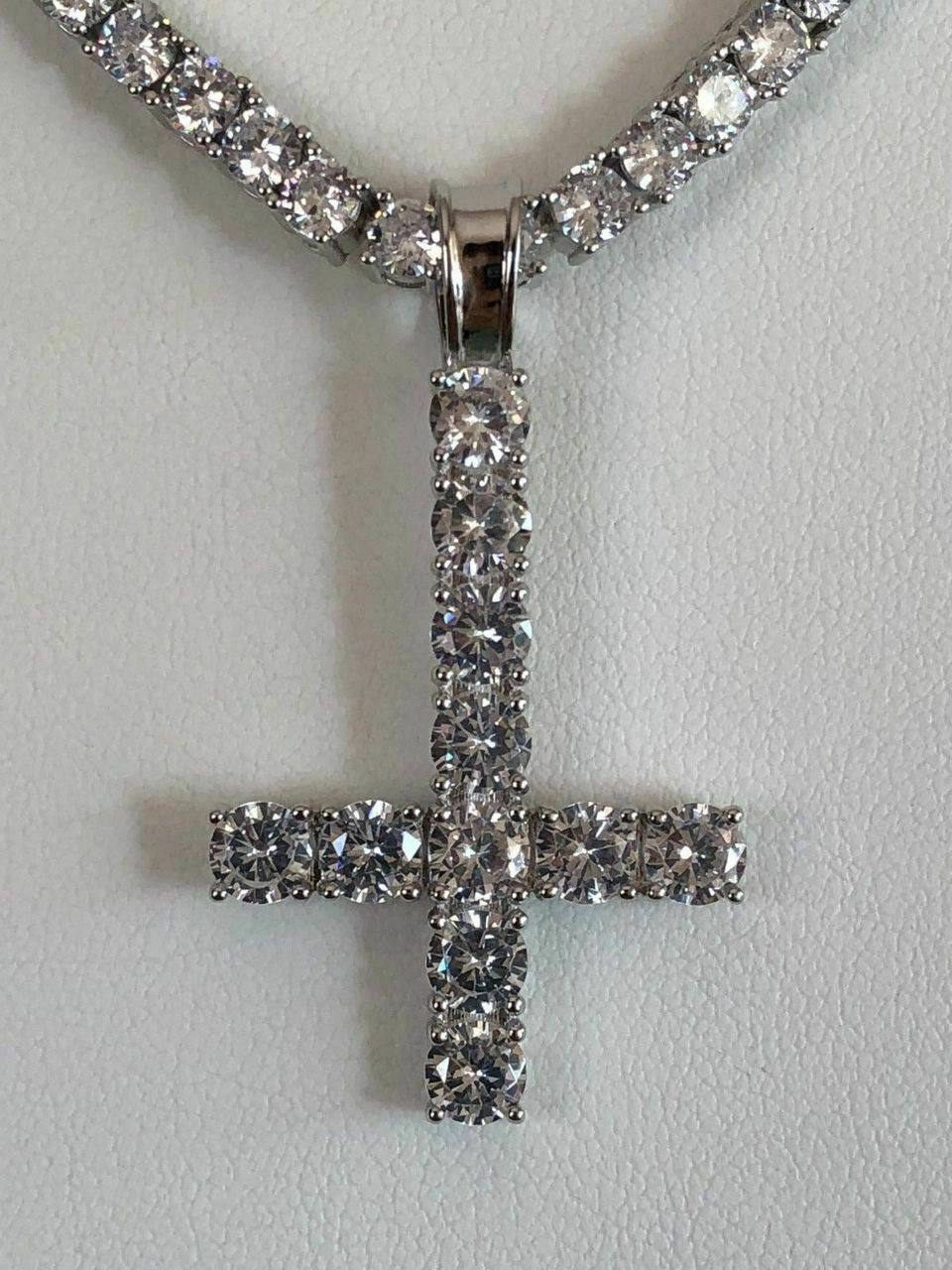 HarlemBling Inverted Cross Upside Down Real Solid 925 Sterling Silver Tennis Chain Diamond
