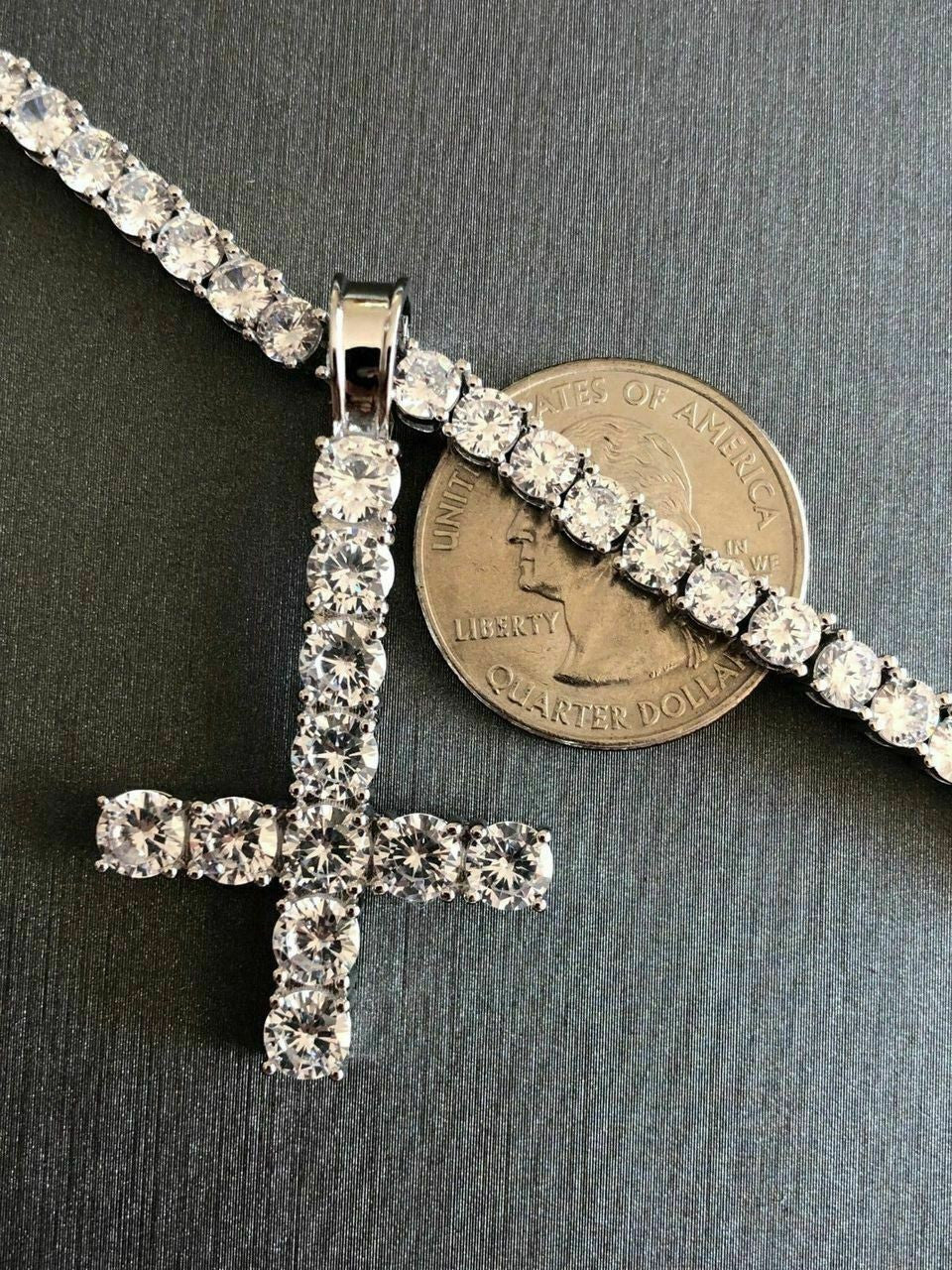 HarlemBling Inverted Cross Upside Down Real Solid 925 Sterling Silver Tennis Chain Diamond