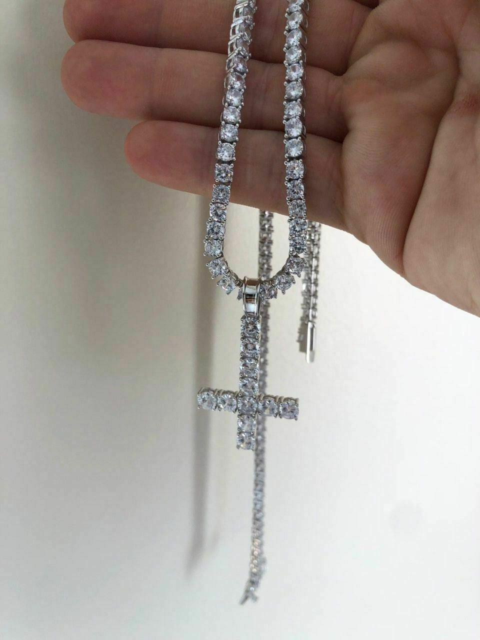 HarlemBling Inverted Cross Upside Down Real Solid 925 Sterling Silver Tennis Chain Diamond