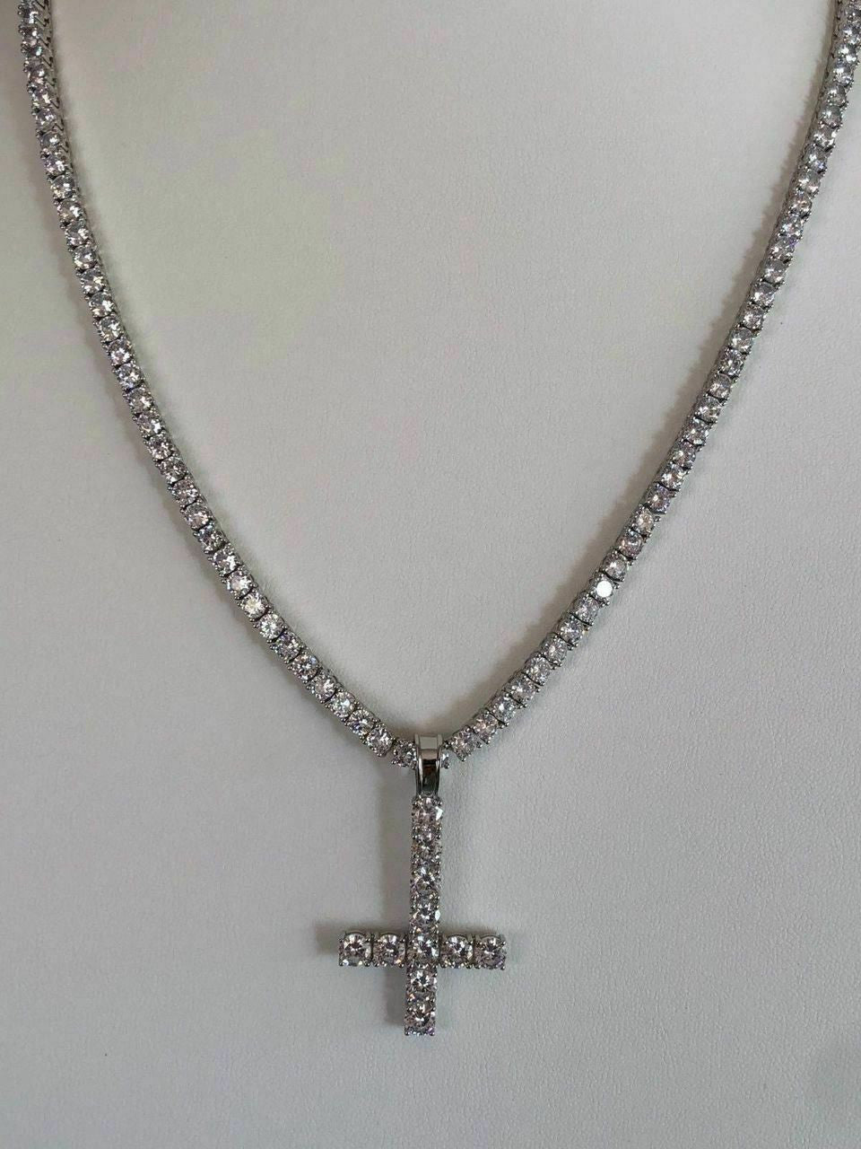 HarlemBling Inverted Cross Upside Down Real Solid 925 Sterling Silver Tennis Chain Diamond