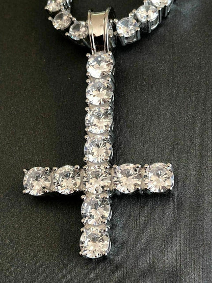 HarlemBling Inverted Cross Upside Down Real Solid 925 Sterling Silver Tennis Chain Diamond