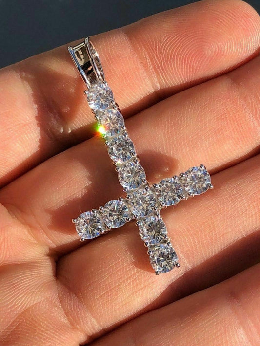 HarlemBling Inverted Cross Upside Down Real Solid 925 Sterling Silver Tennis Chain Diamond