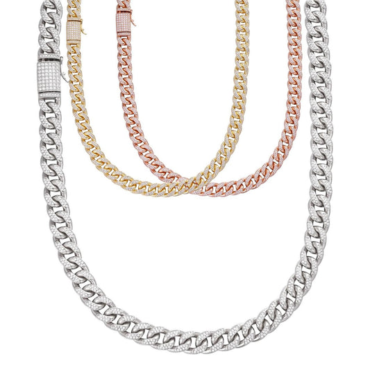 HarlemBling Italian Bestseller Miami Cuban Link Chain Necklace Iced Out CZ Stones -14k Yellow/Rose Gold Vermeil Or 925 Silver - 10mm - 18-30"