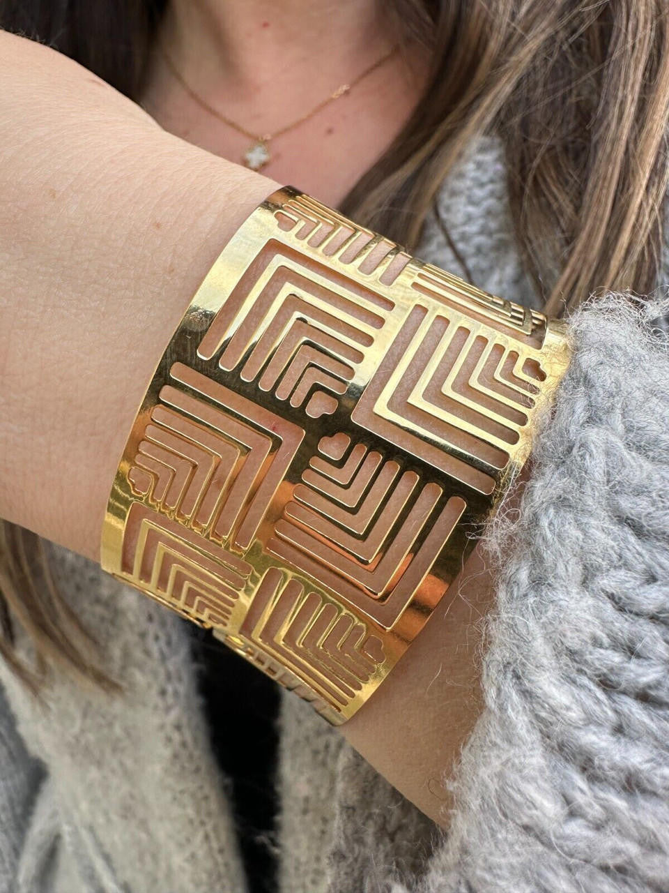 HarlemBling Italy Plain Solid 14k Gold Plated Real 925 Silver 1.5" BIG Cuff Bangle Bracelet