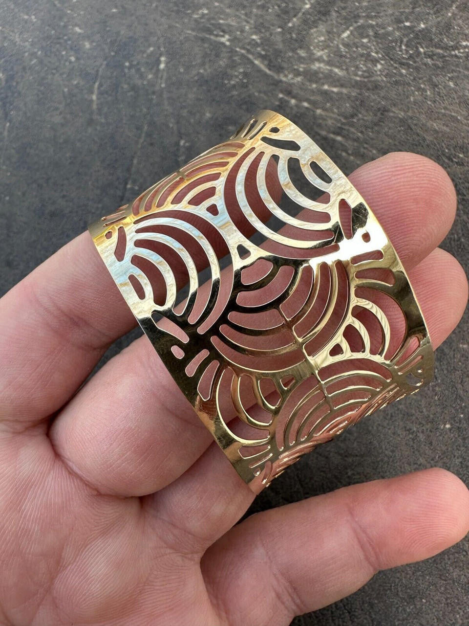 HarlemBling Italy Plain Solid 14k Gold Plated Real 925 Silver 1.5" Wide Cuff Bangle Bracelet