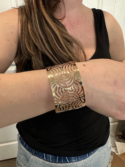 HarlemBling Italy Plain Solid 14k Gold Plated Real 925 Silver 1.5" Wide Cuff Bangle Bracelet