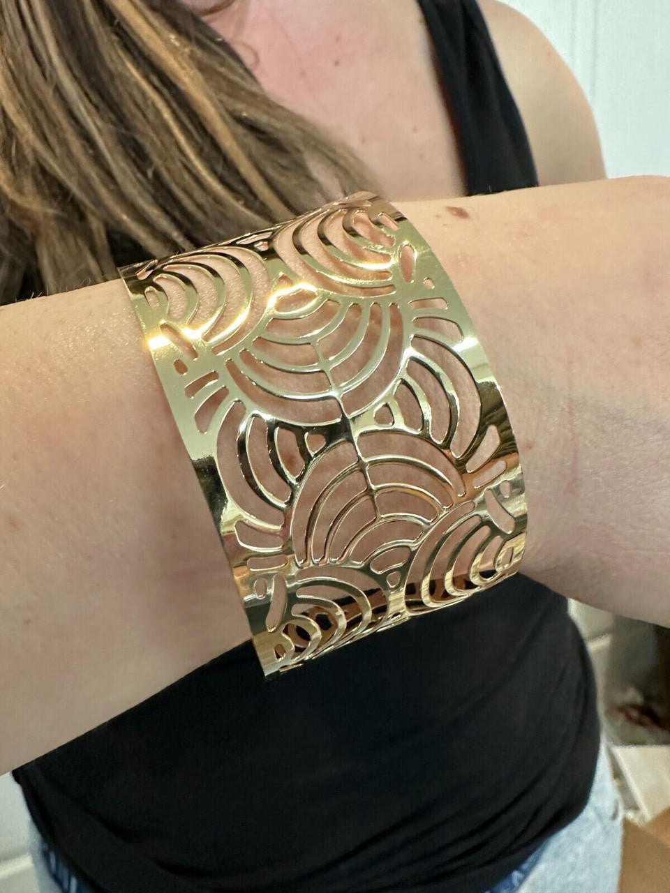 HarlemBling Italy Plain Solid 14k Gold Plated Real 925 Silver 1.5" Wide Cuff Bangle Bracelet