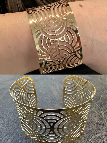 HarlemBling Italy Plain Solid 14k Gold Plated Real 925 Silver 1.5" Wide Cuff Bangle Bracelet