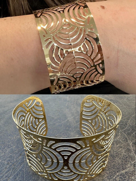 HarlemBling Italy Plain Solid 14k Gold Plated Real 925 Silver 1.5" Wide Cuff Bangle Bracelet