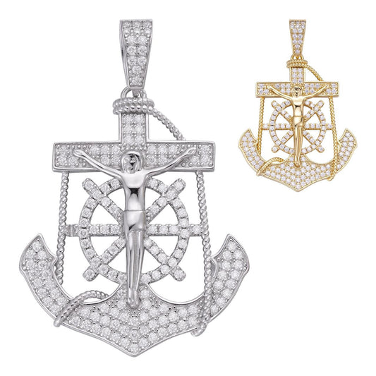HarlemBling Jesus & Anchor Piece Iced Out Hip Hop Pendant - 14k Gold Vermeil Or 925 Silver - CZ Stones - Medium 1.75"