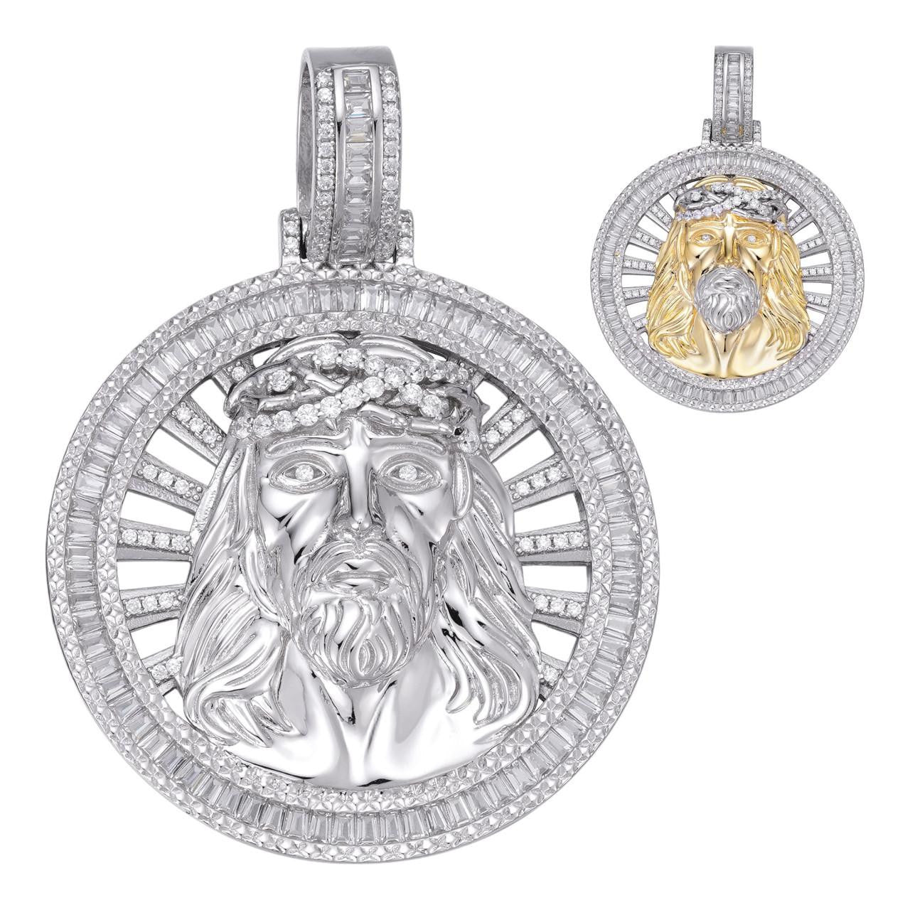 HarlemBling Jesus Baguette Medallion Pendant - 14k Gold Vermeil Or 925 Silver - CZ Stones - Large 2"