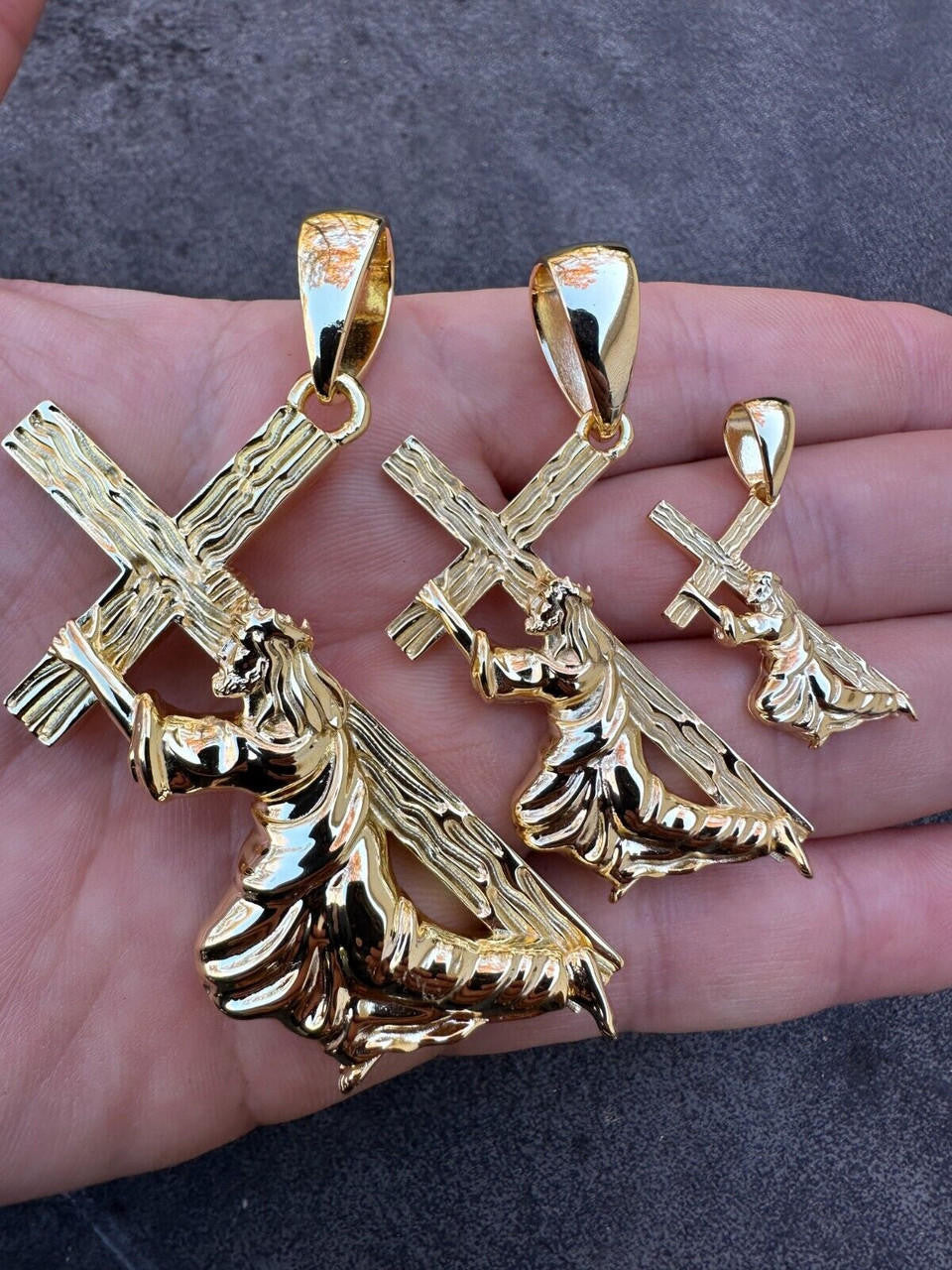 HarlemBling Jesus Carrying Cross Pendant Plain Necklace 14k Gold Vermeil 925 Silver - 3 Size