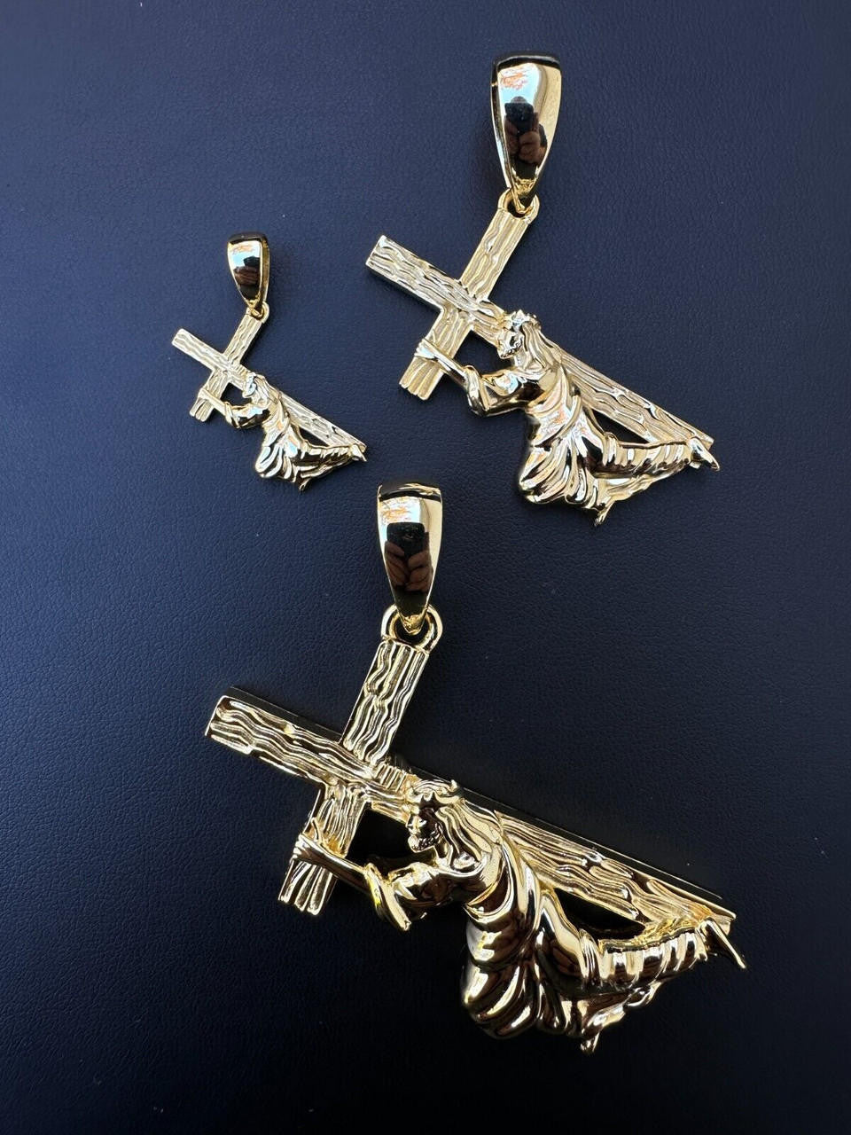 HarlemBling Jesus Carrying Cross Pendant Plain Necklace 14k Gold Vermeil 925 Silver - 3 Size