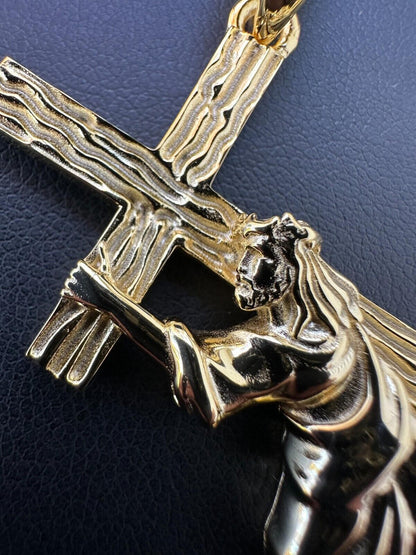 HarlemBling Jesus Carrying Cross Pendant Plain Necklace 14k Gold Vermeil 925 Silver - 3 Size