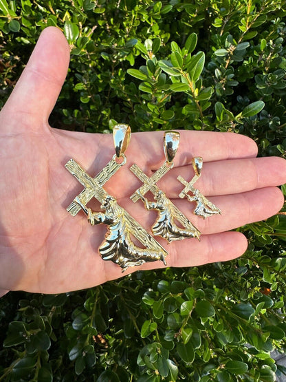 HarlemBling Jesus Carrying Cross Pendant Plain Necklace 14k Gold Vermeil 925 Silver - 3 Size
