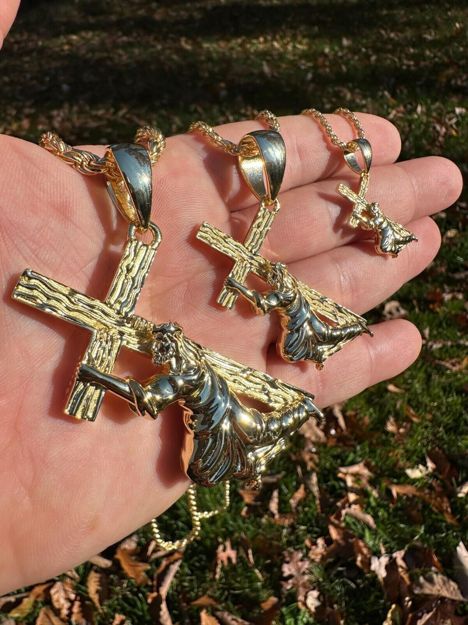 HarlemBling Jesus Carrying Cross Pendant Plain Necklace 14k Gold Vermeil 925 Silver - 3 Size