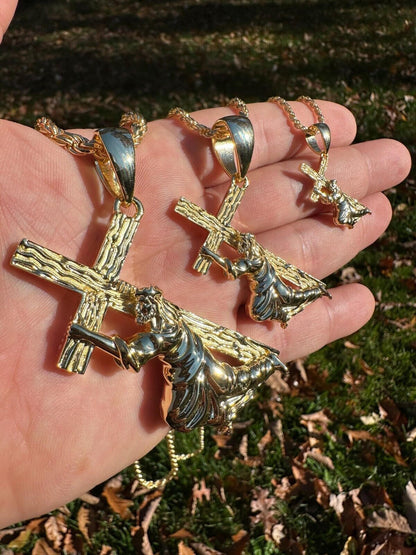HarlemBling Jesus Carrying Cross Pendant Plain Necklace 14k Gold Vermeil 925 Silver - 3 Size