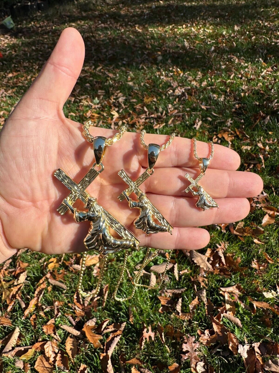 HarlemBling Jesus Carrying Cross Pendant Plain Necklace 14k Gold Vermeil 925 Silver - 3 Size