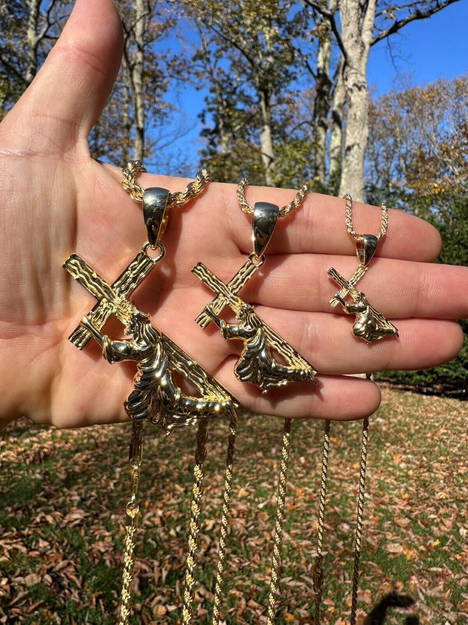 HarlemBling Jesus Carrying Cross Pendant Plain Necklace 14k Gold Vermeil 925 Silver - 3 Size