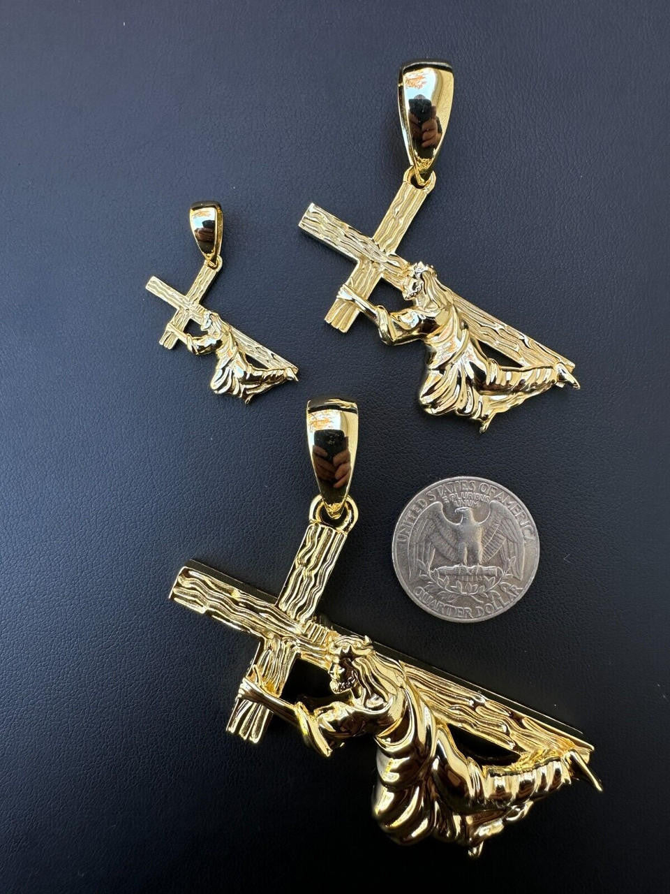 HarlemBling Jesus Carrying Cross Pendant Plain Necklace 14k Gold Vermeil 925 Silver - 3 Size
