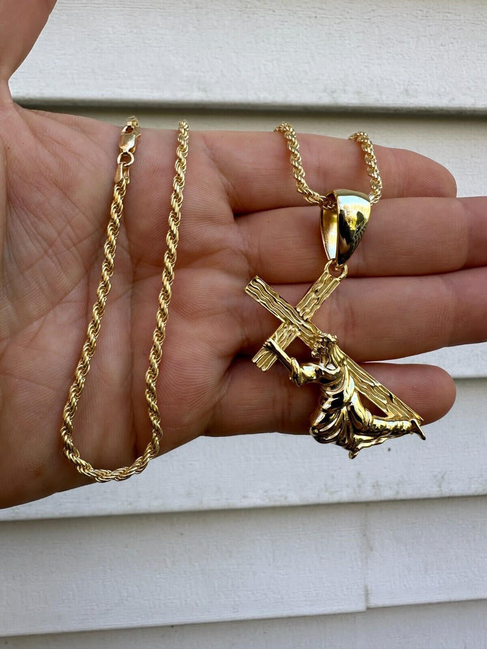 HarlemBling Jesus Carrying Cross Pendant Plain Necklace 14k Gold Vermeil 925 Silver - 3 Size