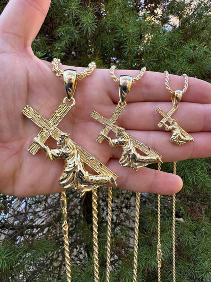 HarlemBling Jesus Carrying Cross Pendant Plain Necklace 14k Gold Vermeil 925 Silver - 3 Size