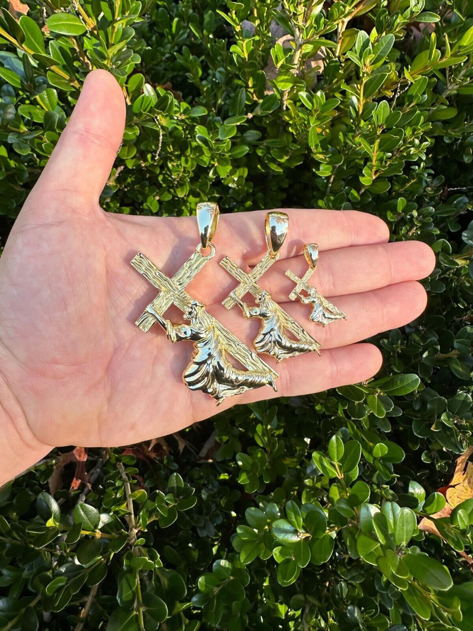 HarlemBling Jesus Carrying Cross Pendant Plain Necklace 14k Gold Vermeil 925 Silver - 3 Size