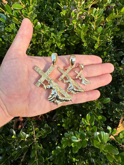 HarlemBling Jesus Carrying Cross Pendant Plain Necklace 14k Gold Vermeil 925 Silver - 3 Size