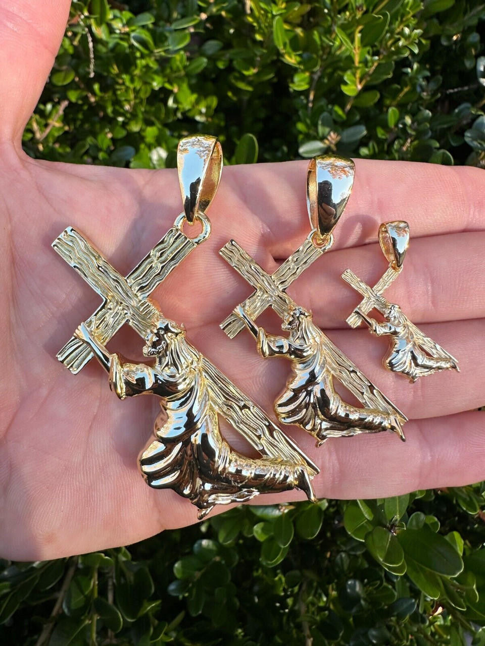 HarlemBling Jesus Carrying Cross Pendant Plain Necklace 14k Gold Vermeil 925 Silver - 3 Size